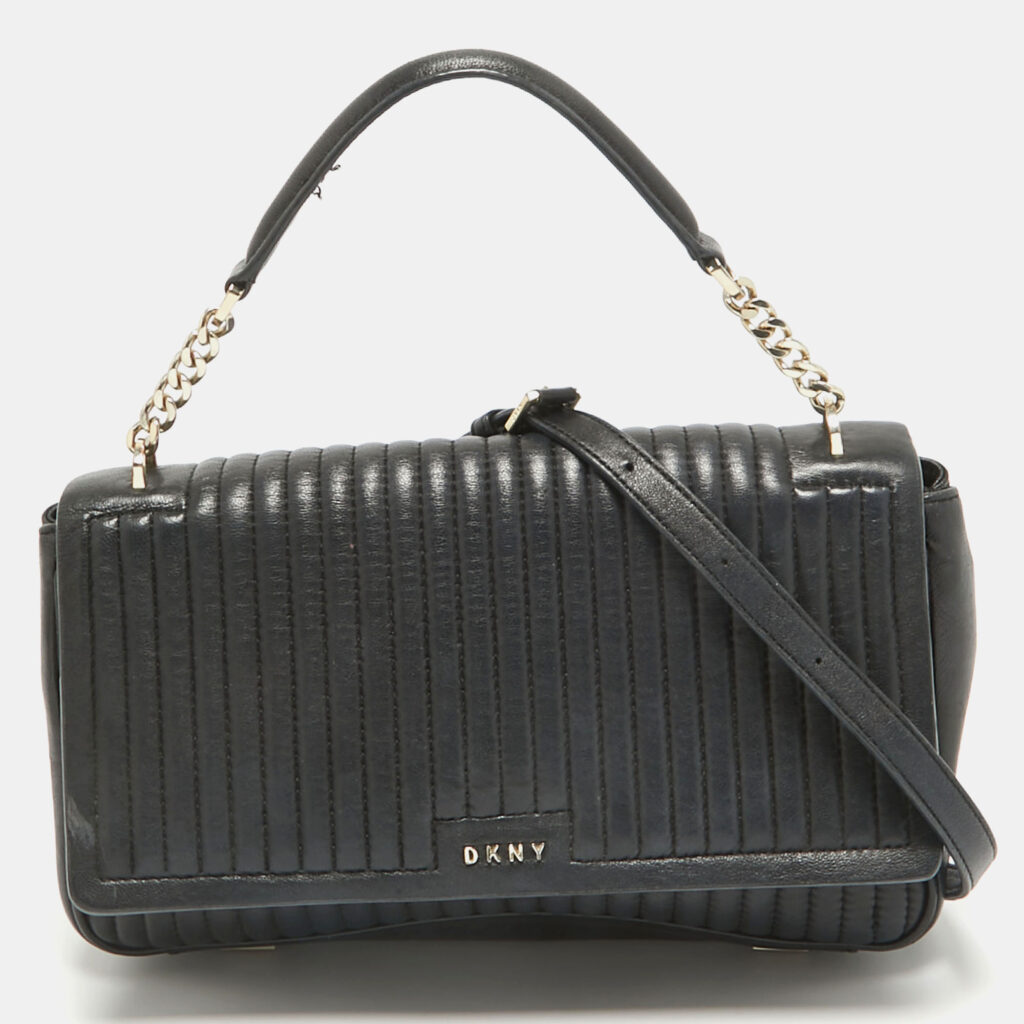DKNY Black Pinstripe Quilted Leather Gansevoort Top Handle Bag