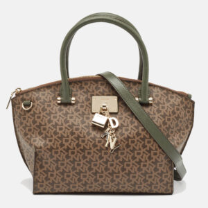 Dkny Khaki Brown/Green Monogram Coated Canvas and Leather Padlock Charm Satchel