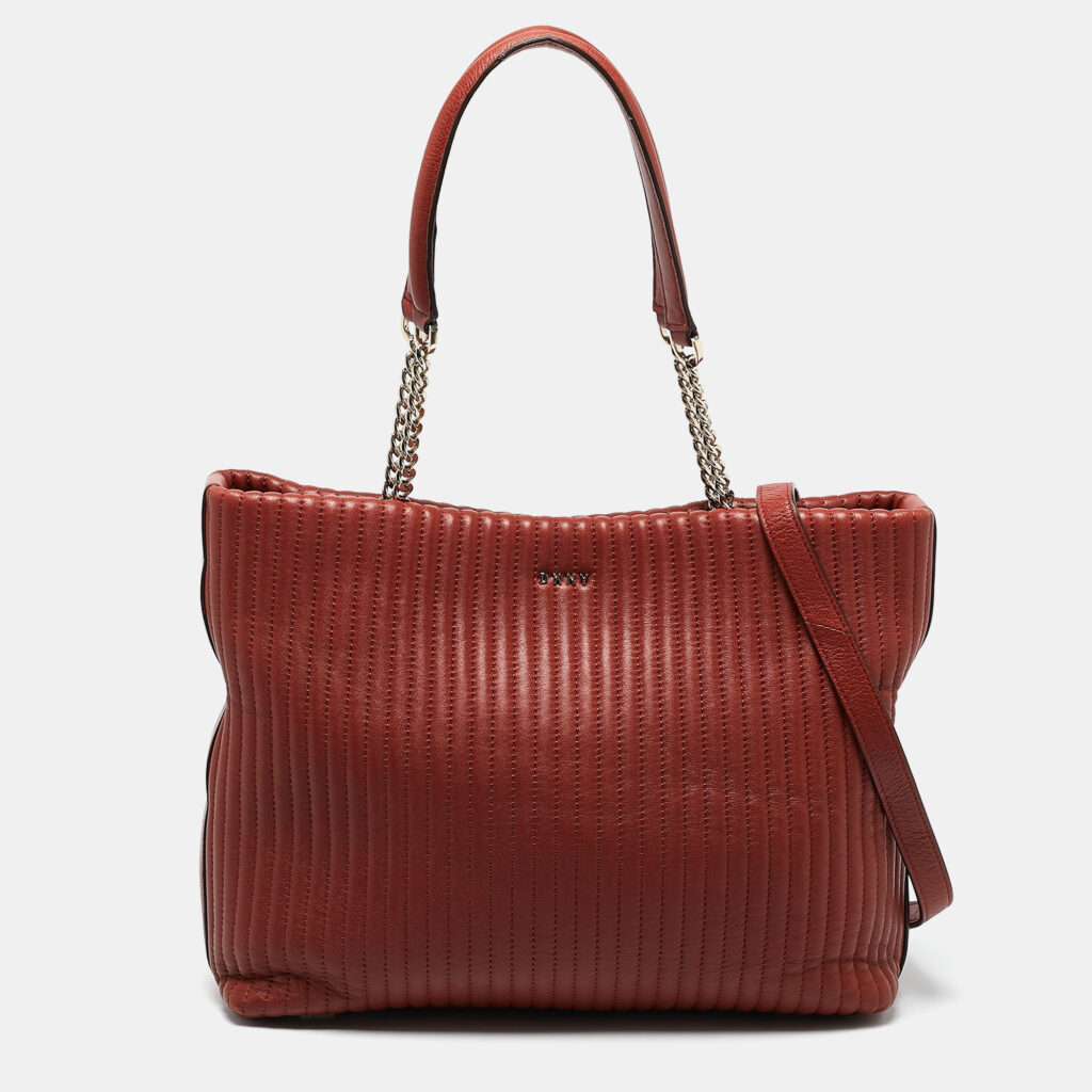 luxury-women-dkny-used-handbags-p1080564-013 DKNY Brick Red Leather Pinstripe Gansevoort Tote