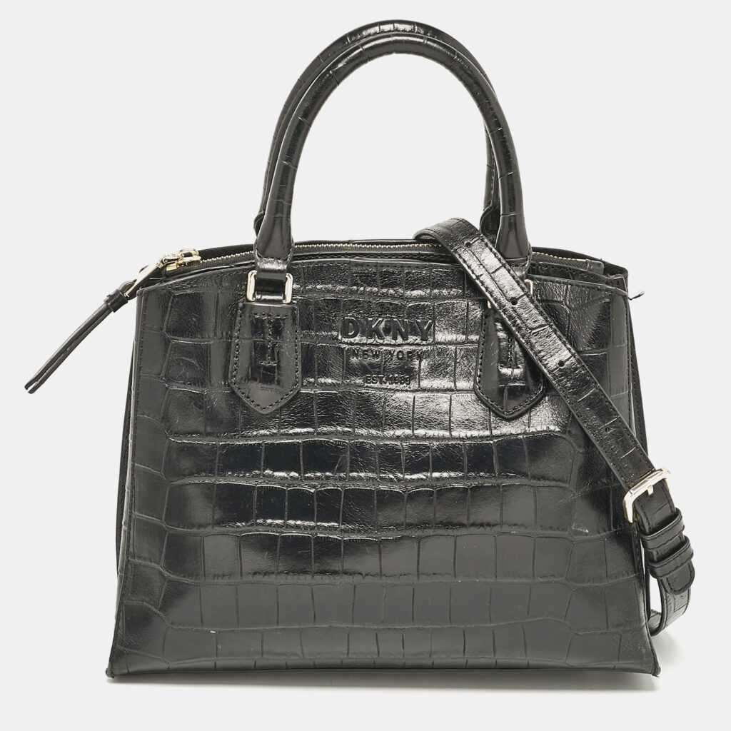 luxury-women-dkny-used-handbags-p1110347-014 DKNY Black Croc Embossed Leather Logo Satchel