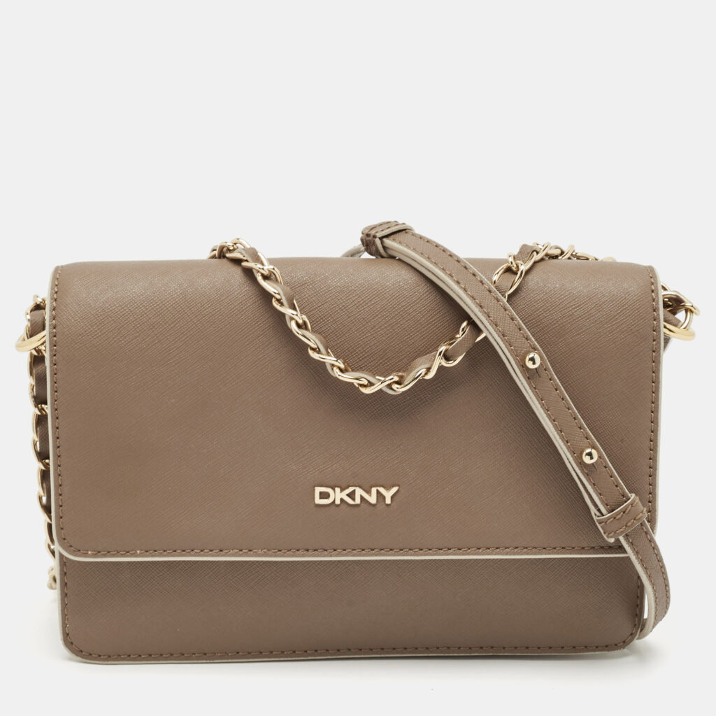 luxury-women-dkny-used-handbags-p1112030-014 DKNY Beige Saffiano Leather Flap Chain Shoulder Bag