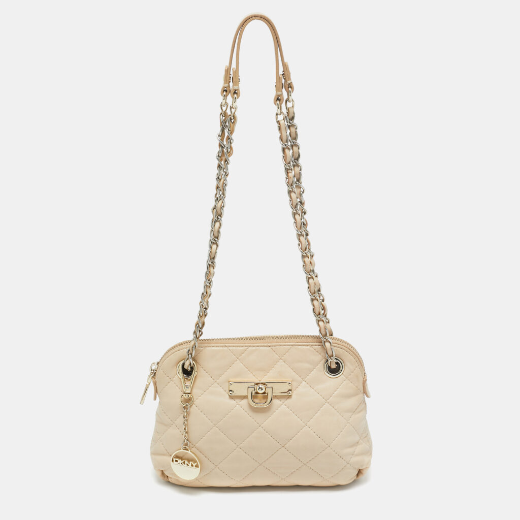 luxury-women-dkny-used-handbags-p1112782-012 DKNY Light Beige Quilted Leather Small Zip Shoulder Bag