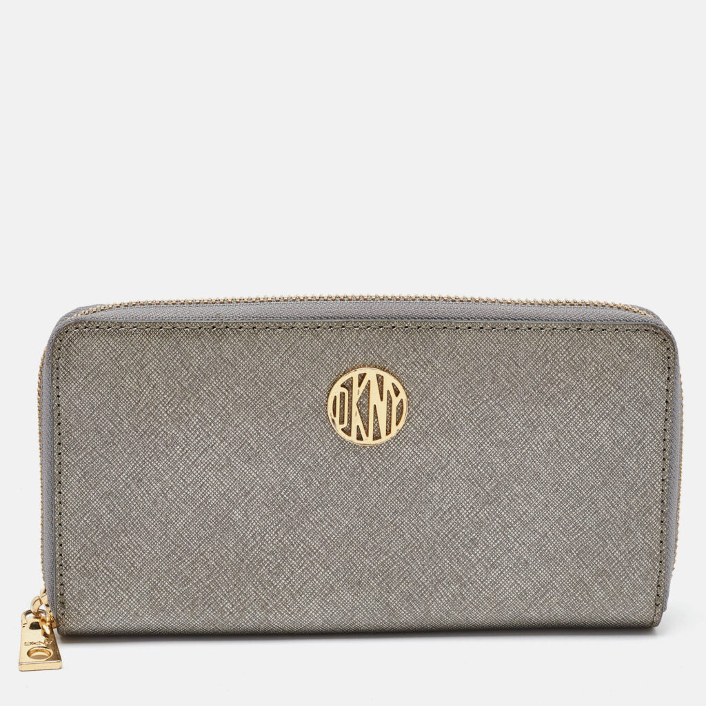 luxury-women-dkny-used-handbags-p1115152-007 DKNY Metallic Grey Saffiano Leather Logo Zip Around Wallet