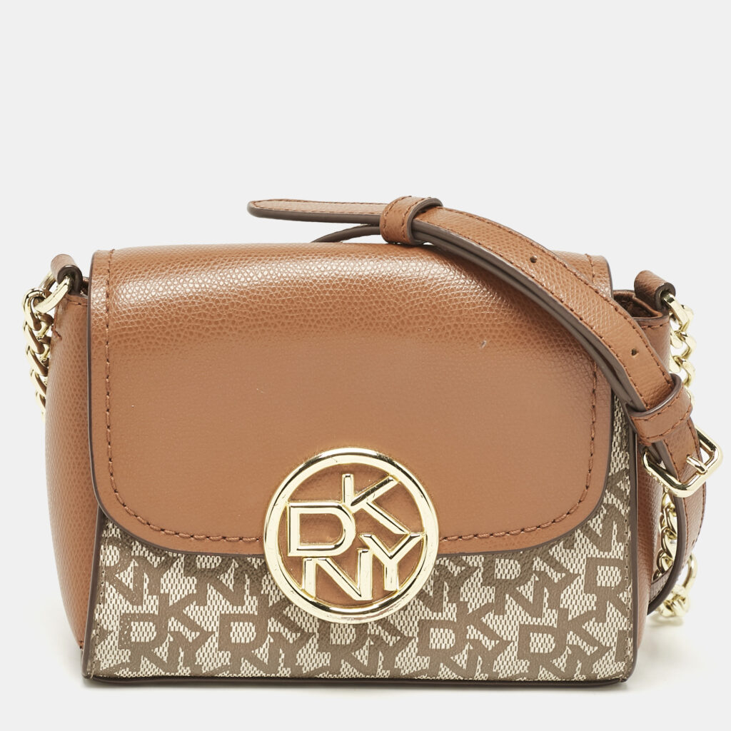 luxury-women-dkny-used-handbags-p1117078-010 DKNY Beige/Brown Signature Coated Canvas and Leather Crossbody Bag