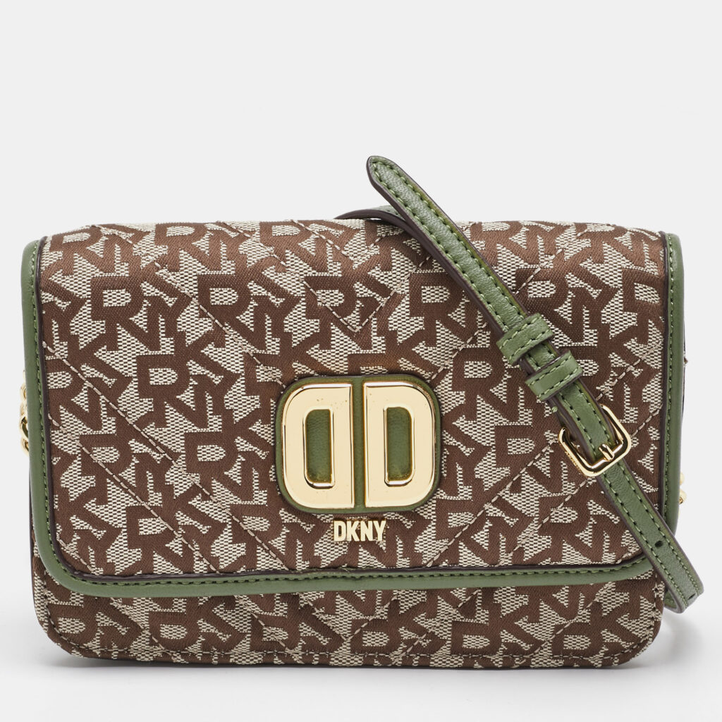 luxury-women-dkny-used-handbags-p1125634-001 DKNY Beige/Green Canvas and Leather Delphine Crossbody Bag