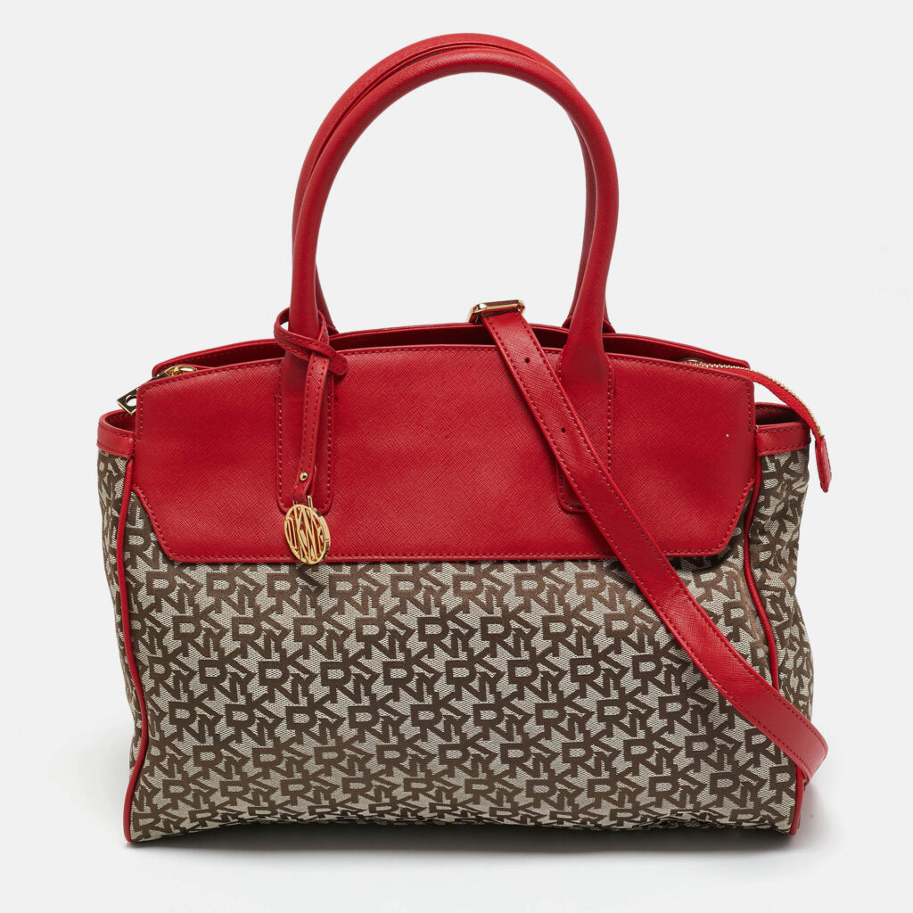 luxury-women-dkny-used-handbags-p1135117-012 Dkny Red/Beige Monogram Fabric and Leather Zip Tote