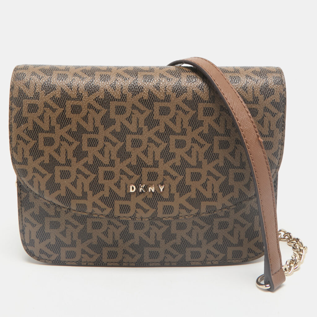 DKNY Two Tone Brown Signature Coated Canvas Bryant Park Flap Crossbody Bag