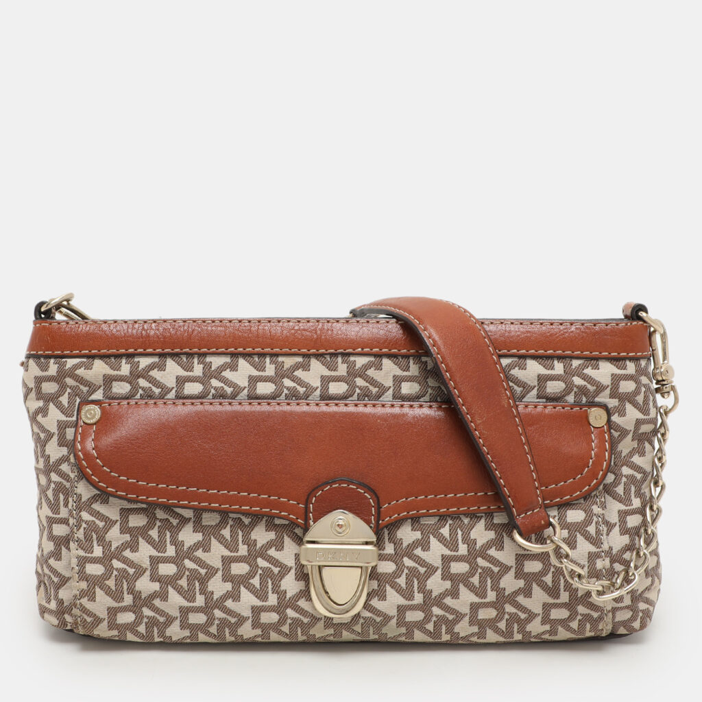 luxury-women-dkny-used-handbags-p1156077-001 DKNY Beige/Brown Signature Canvas and Leather Shoulder Bag