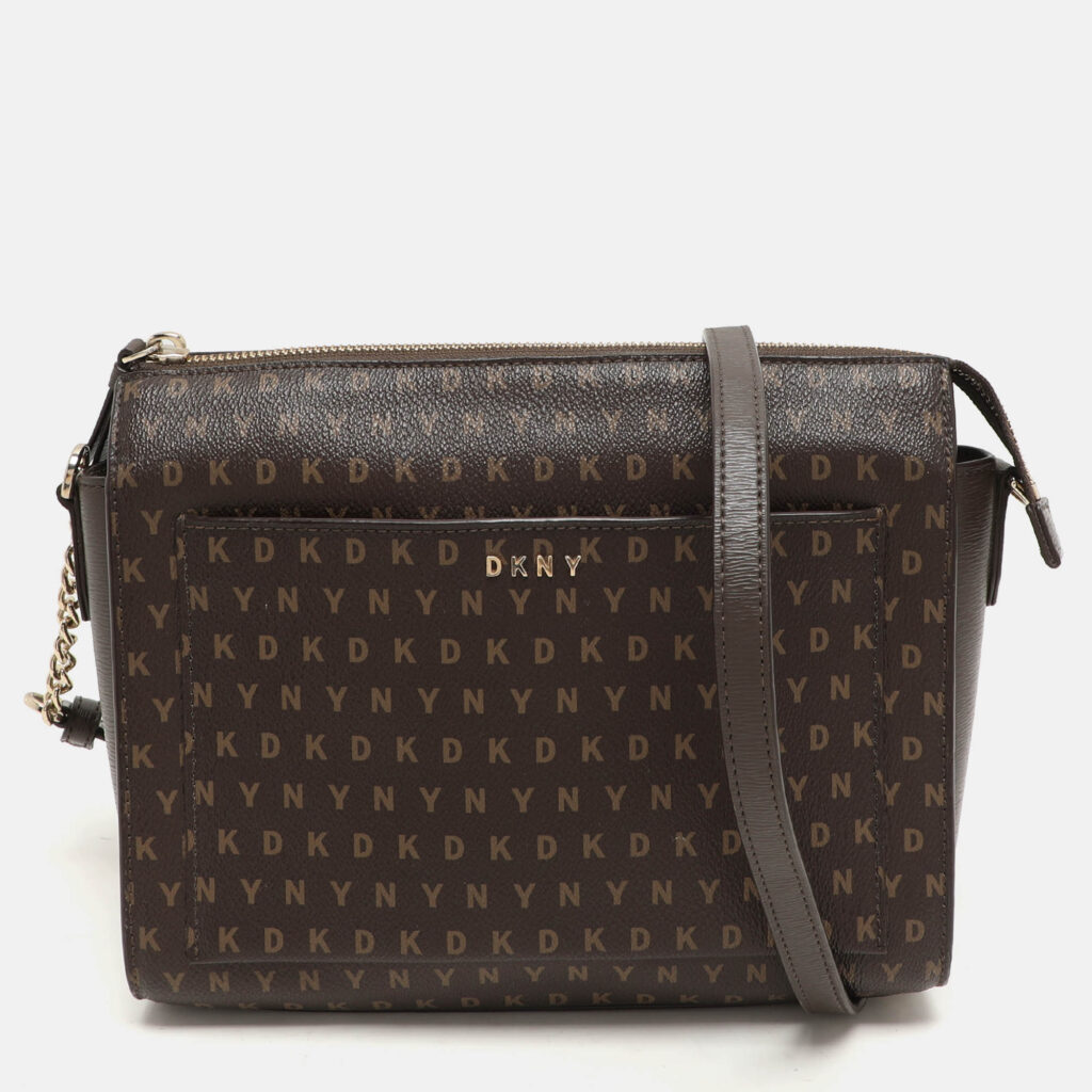luxury-women-dkny-used-handbags-p1156100-017 DKNY Brown Signature Coated Canvas Ava Zip Crossbody Bag
