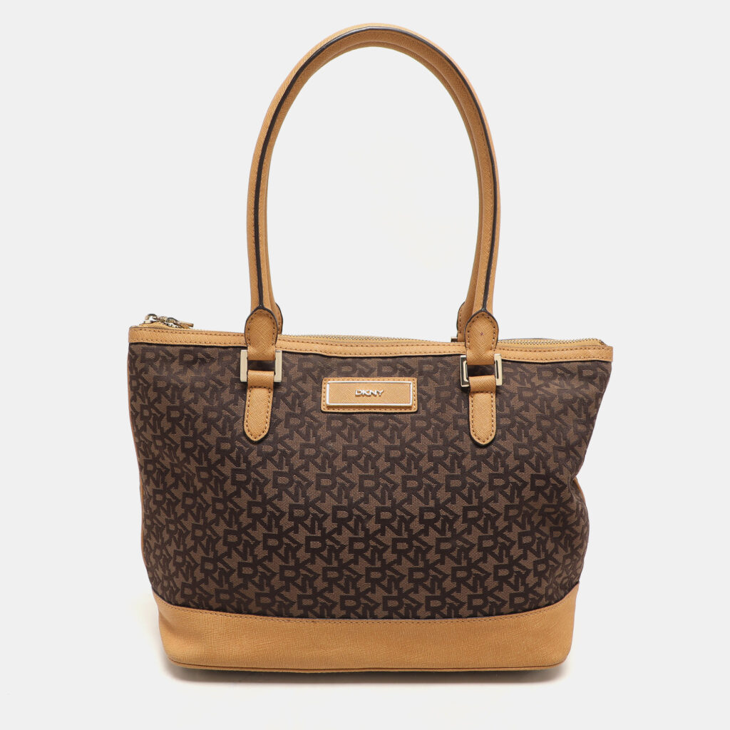 luxury-women-dkny-used-handbags-p1157939-006 Dkny Brown/Tan Canvas and Leather Zip Tote
