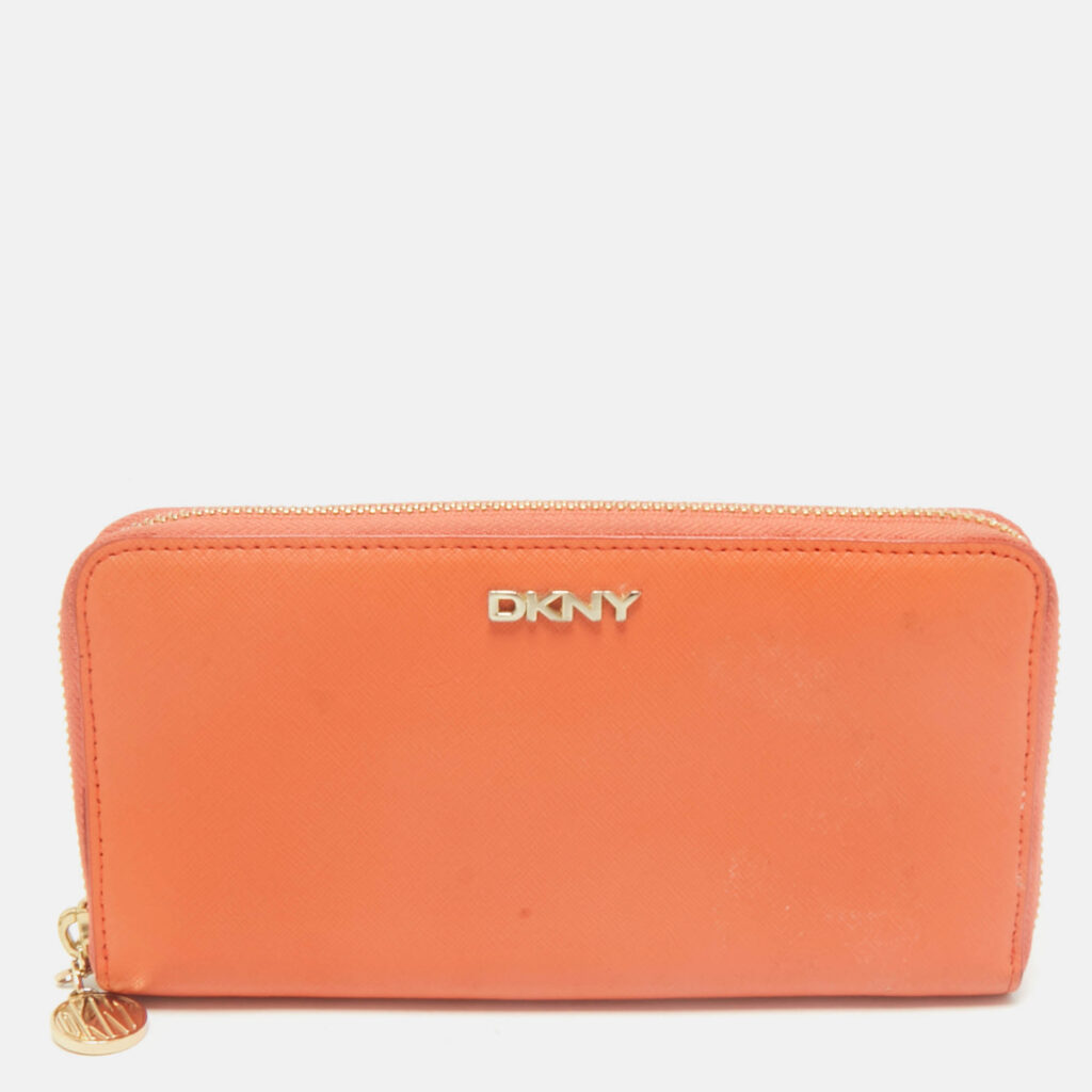 luxury-women-dkny-used-handbags-p1159365-010 DKNY Orange Leather Zip Continental Wallet
