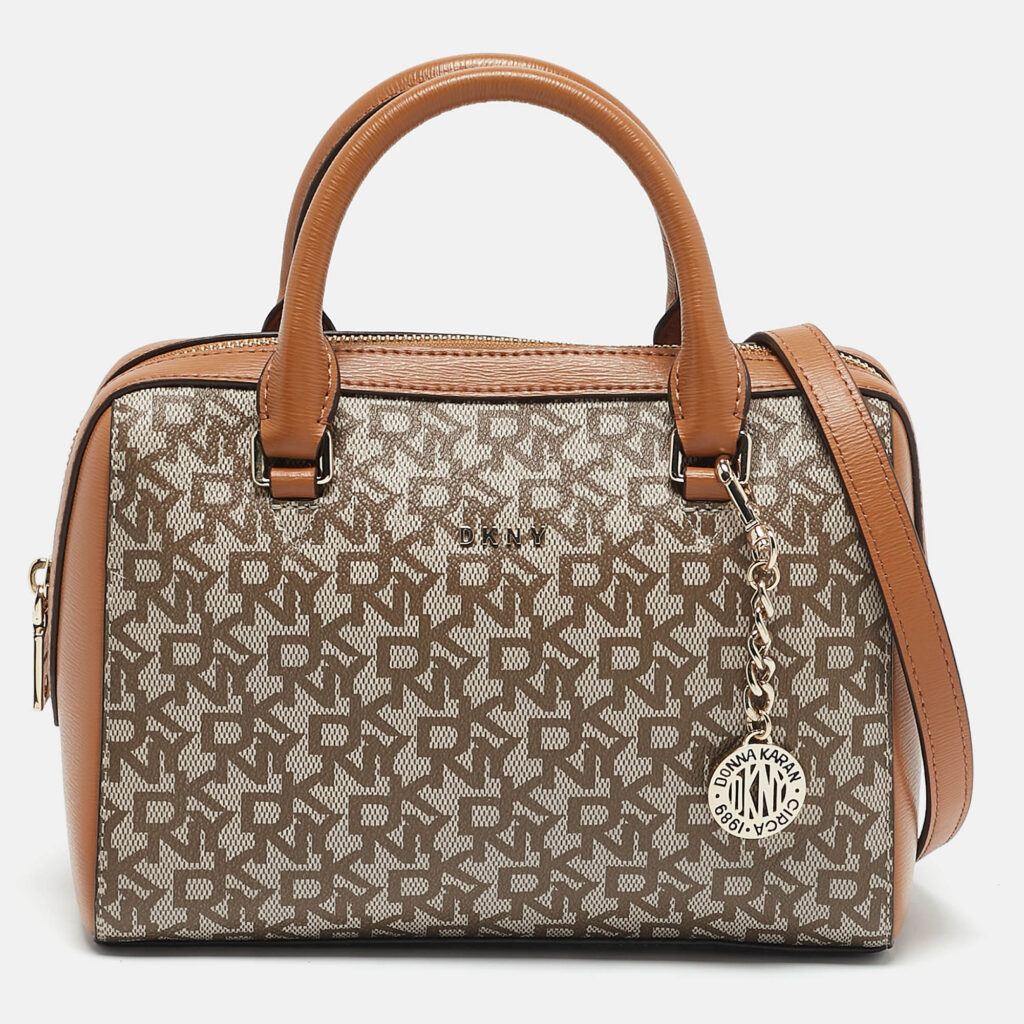luxury-women-dkny-used-handbags-p1160101-014 DKNY Tan/Beige Signature Coated Canvas Bryant Boston Bag