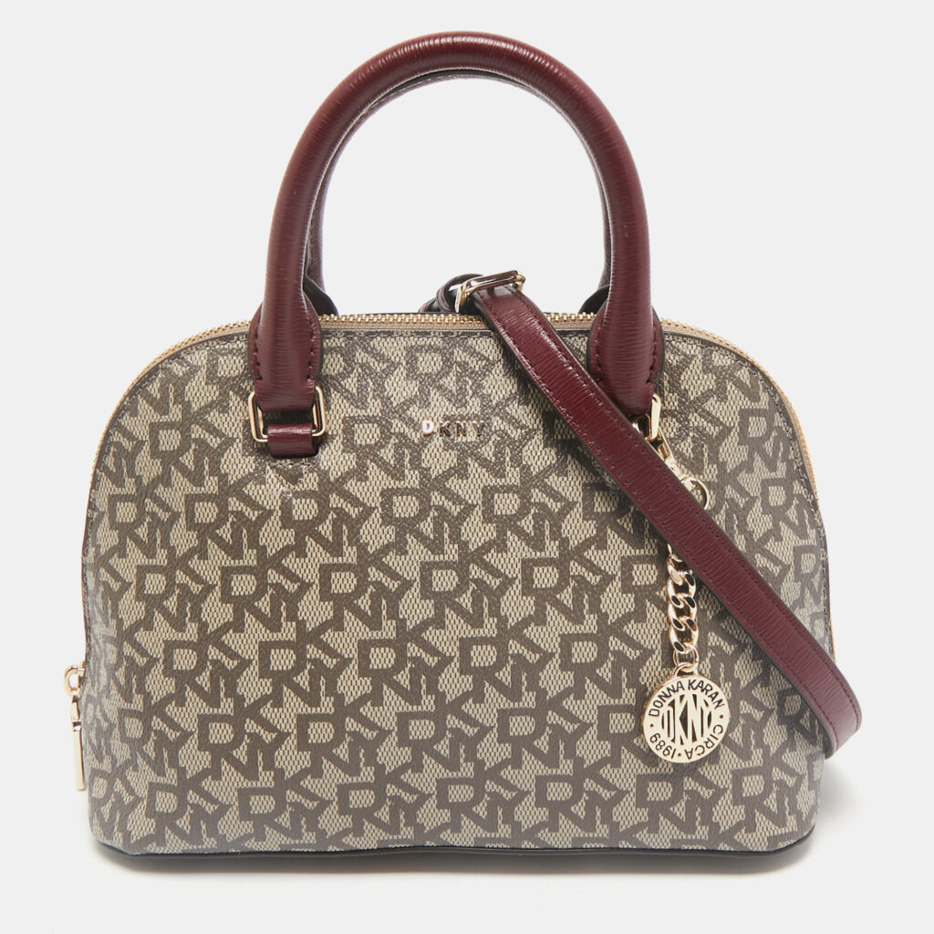 luxury-women-dkny-used-handbags-p1161381-009 Dkny Brown/Maroon Signature Coated Canvas and Leather Small Dome Satchel