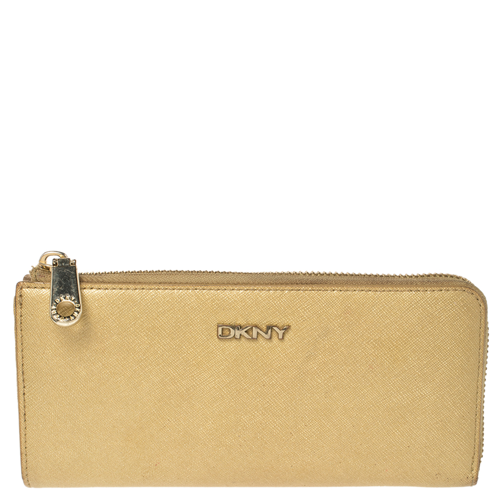 luxury-women-dkny-used-handbags-p354566-009 Dkny Metallic Beige Leather Zip Around Wallet