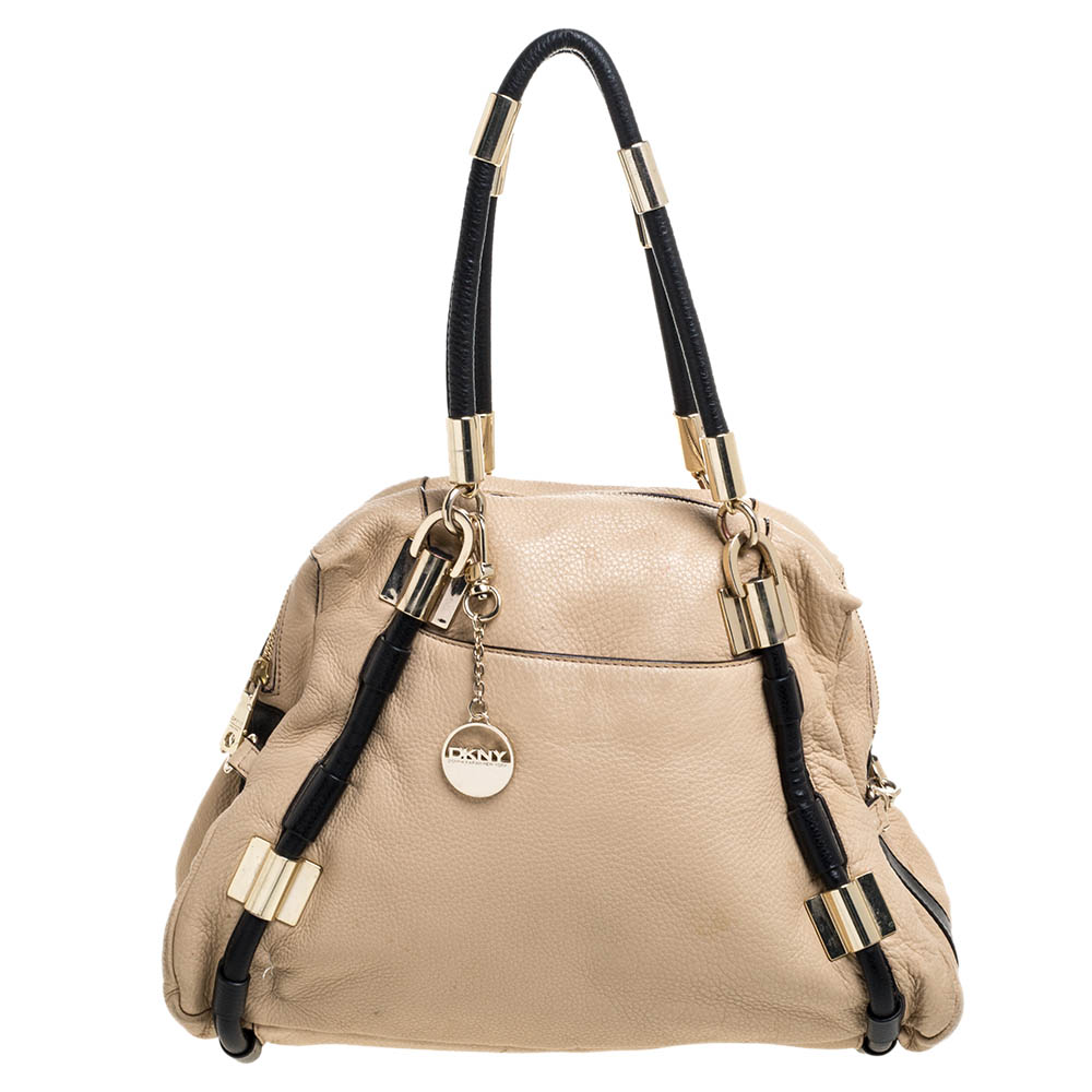DKNY Beige/Black Leather Metal Detail Satchel