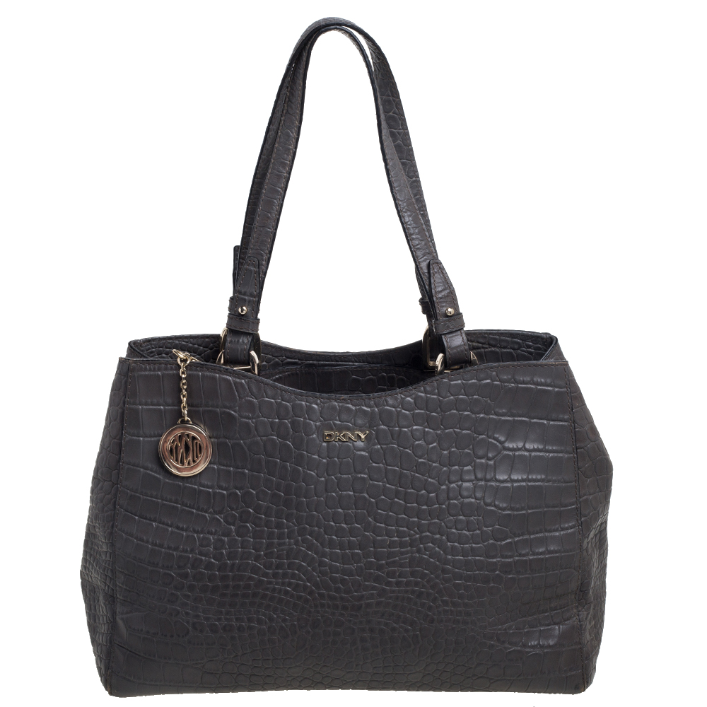 luxury-women-dkny-used-handbags-p389496-010 DKNY Grey Crocodile Embossed Leather Tote