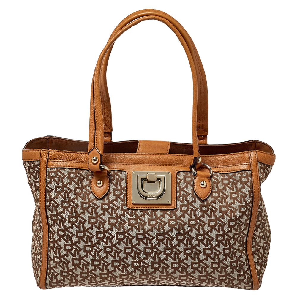 luxury-women-dkny-used-handbags-p406077-011 Dkny Beige/Tan Signature Canvas and Leather Tote