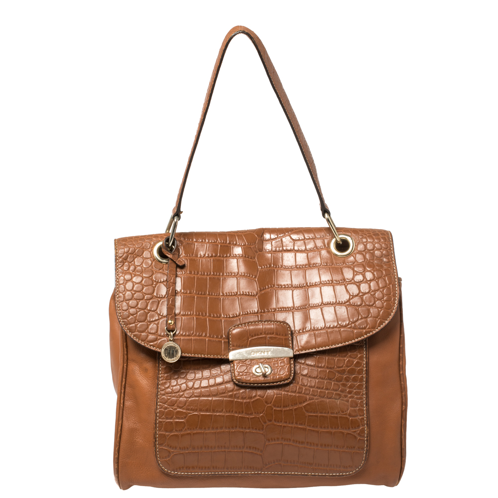 luxury-women-dkny-used-handbags-p407134-009 DKNY Brown Croc Embossed and Leather Turnlock Flap Top Handle Bag