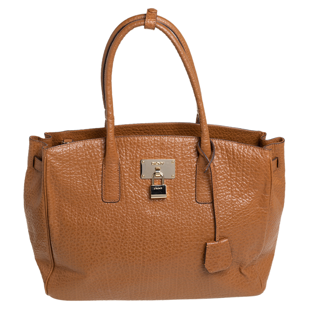 luxury-women-dkny-used-handbags-p413806-007 DKNY Caramel Brown Pebbled Leather Padlock Tote