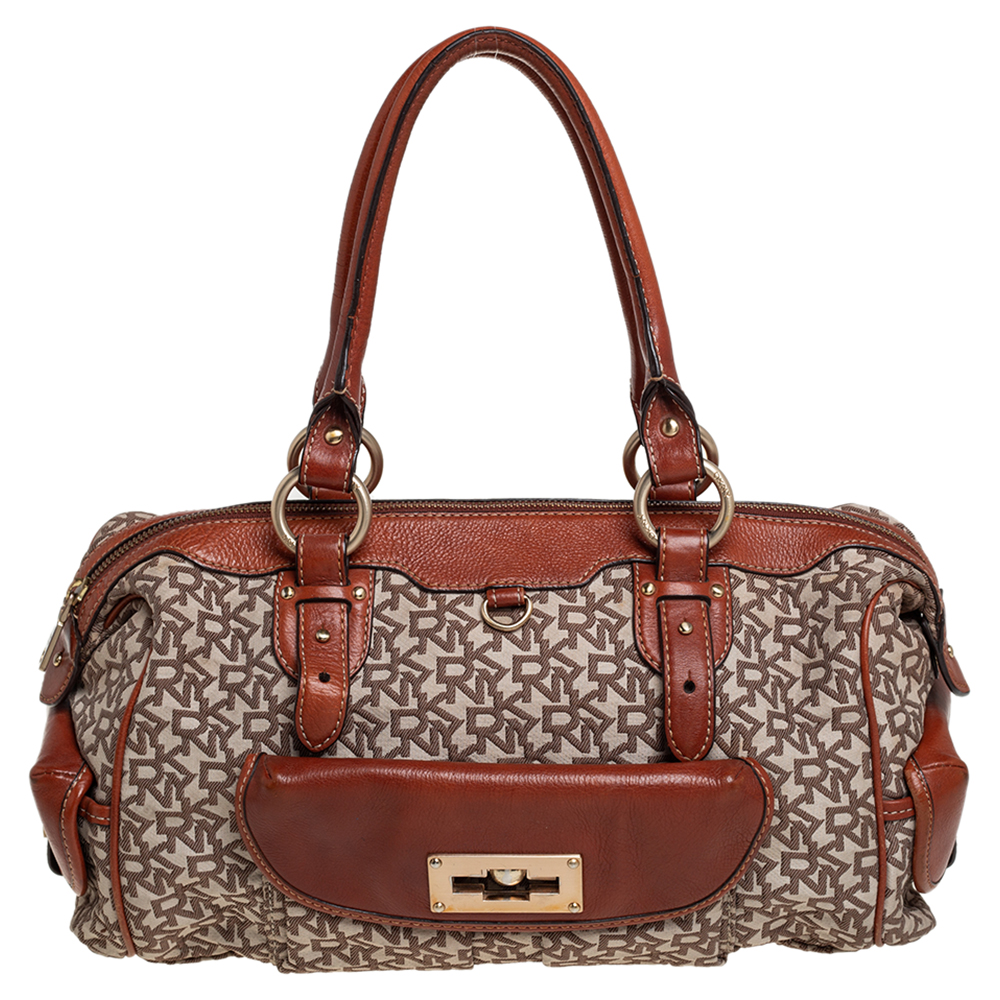 luxury-women-dkny-used-handbags-p425953-005 DKNY Beige/Brown Signature Canvas and Leather Satchel
