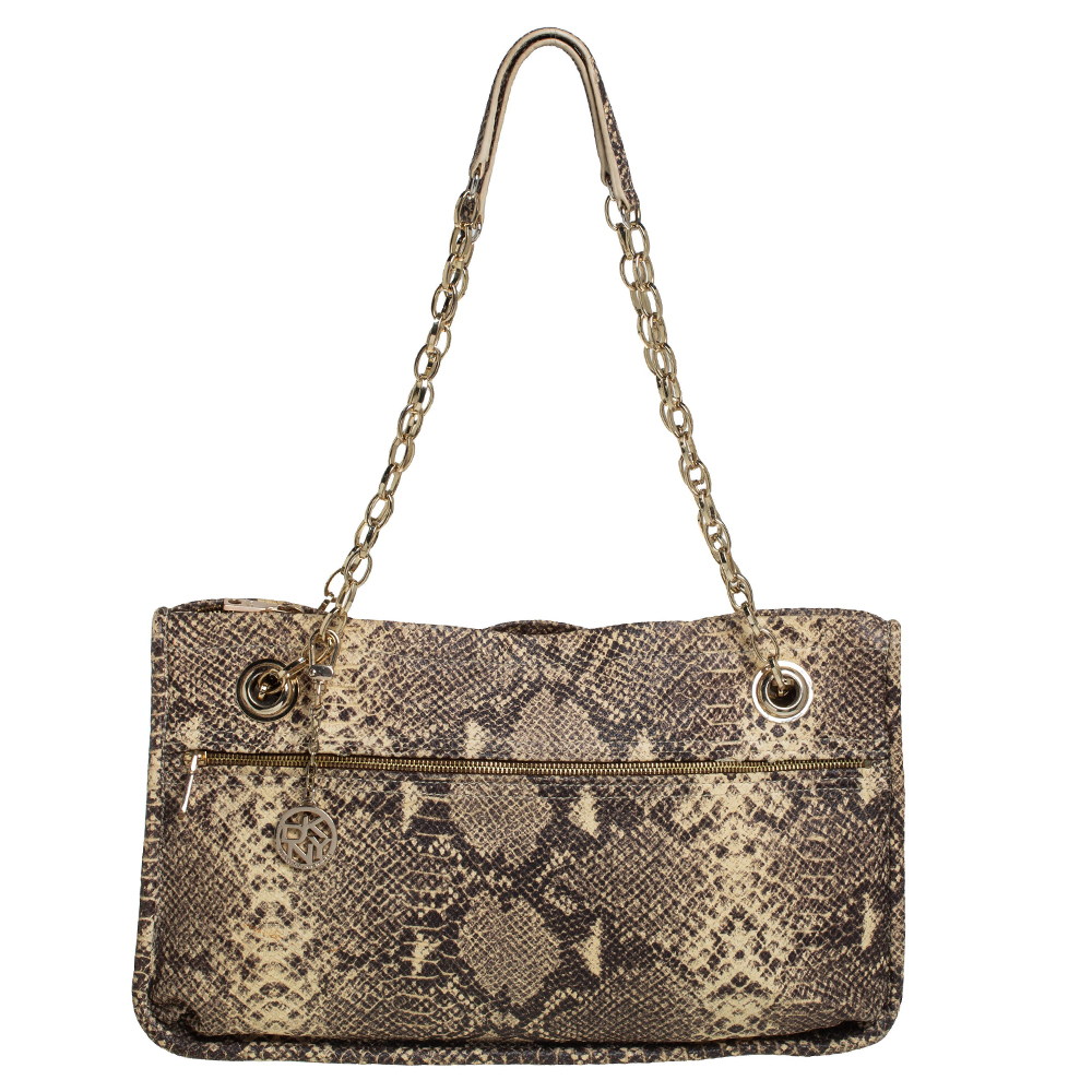luxury-women-dkny-used-handbags-p434127-009 DKNY Beige/Black Snakeskin Embossed Leather Chain Shoulder Bag