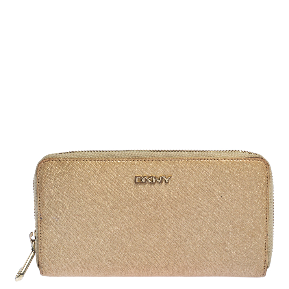 luxury-women-dkny-used-handbags-p448379-007 Dkny Metallic Beige Leather Zip Around Wallet