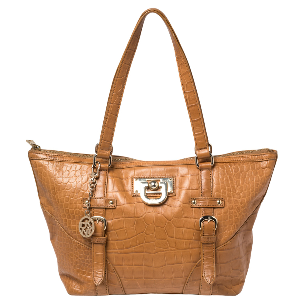 luxury-women-dkny-used-handbags-p464481-007 DKNY Brown Croc Embossed Leather Tote