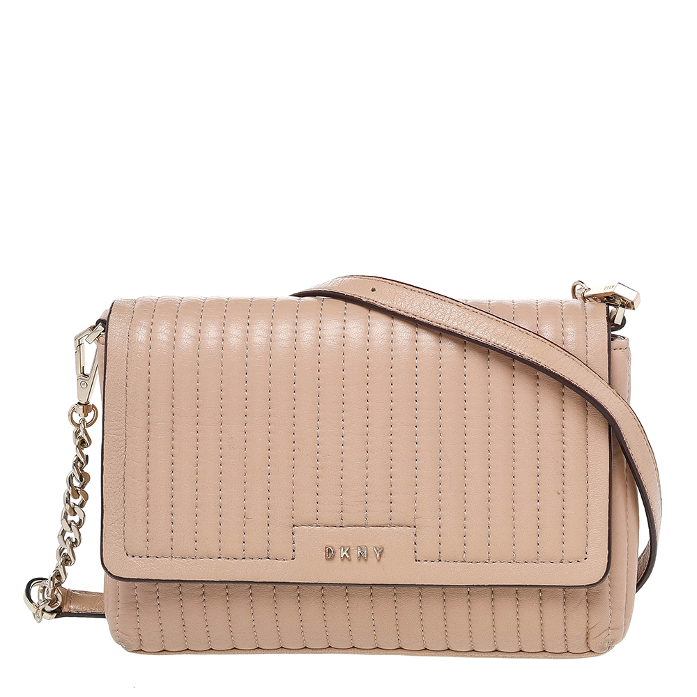 luxury-women-dkny-used-handbags-p480677-005 DKNY Beige Pinstripe Quilted Leather Gansevoort Flap Shoulder Bag