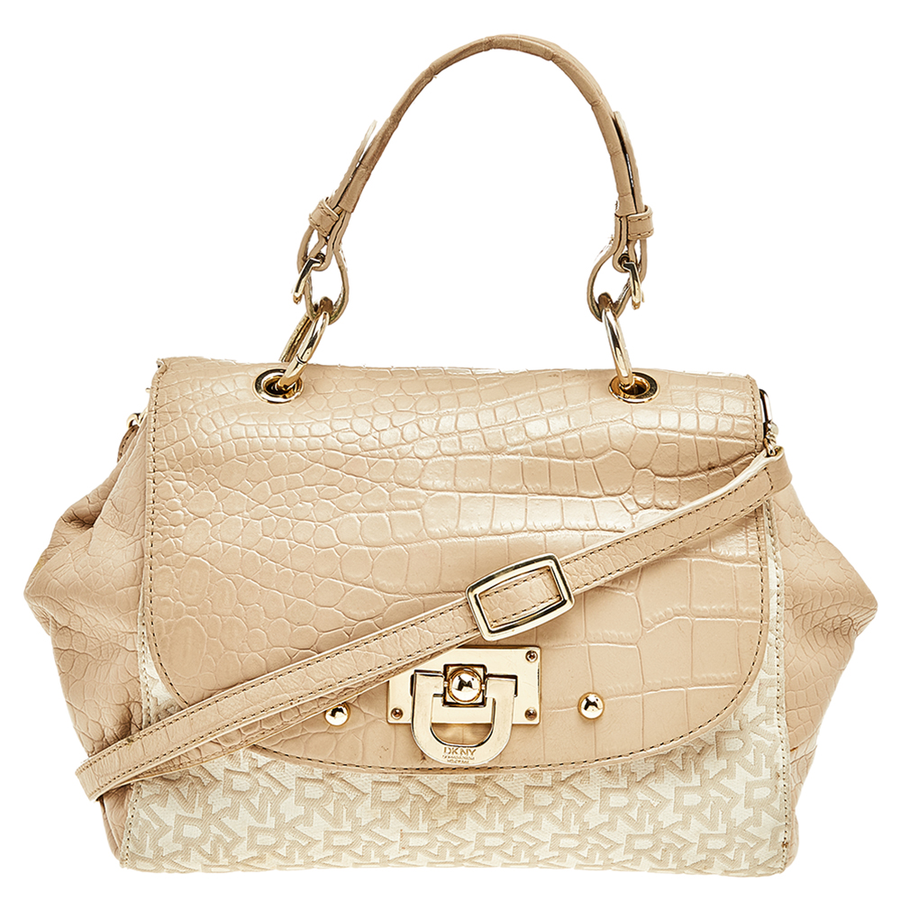 luxury-women-dkny-used-handbags-p502090-008-2 Dkny Beige/White Signature Coated Canvas And Leather Satchel