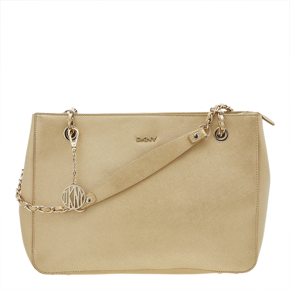 luxury-women-dkny-used-handbags-p611282-010-2 DKNY Metallic Gold Saffiano Leather Bryant Park Chain Tote