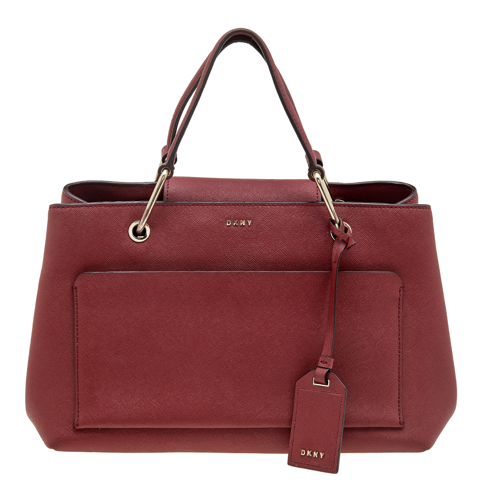 luxury-women-dkny-used-handbags-p614268-005-1 DKNY Dark Red Leather Front Pocket Tote