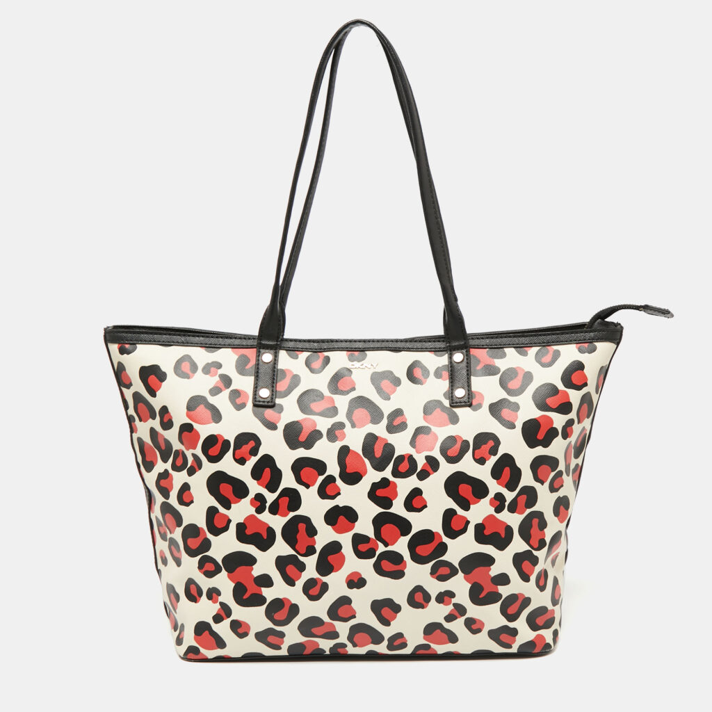 luxury-women-dkny-used-handbags-p642550-004-2 Dkny Black/Red Leopard Print Coated Canvas Zip Tote
