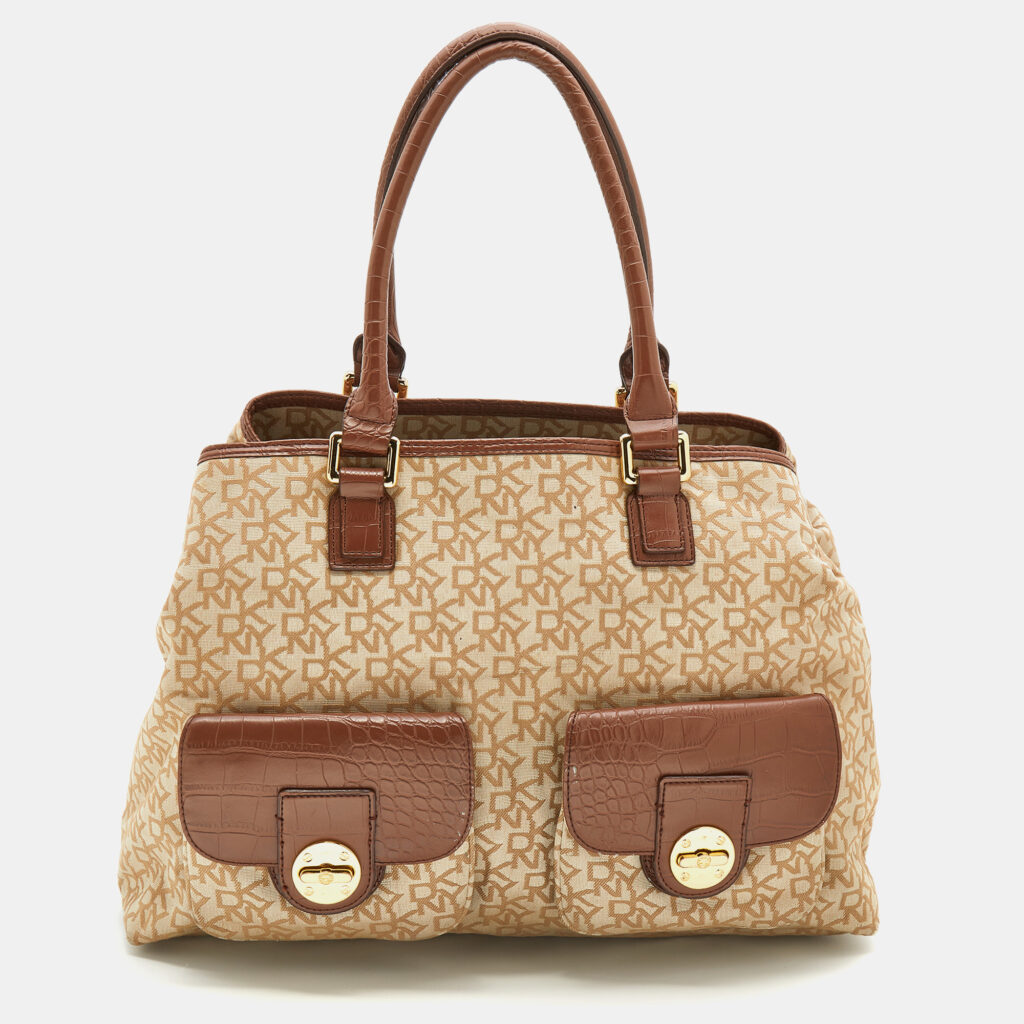 luxury-women-dkny-used-handbags-p714562-012-1 DKNY Beige/Brown Monogram Canvas and Croc Embossed Leather Turnlock Pocket Bag