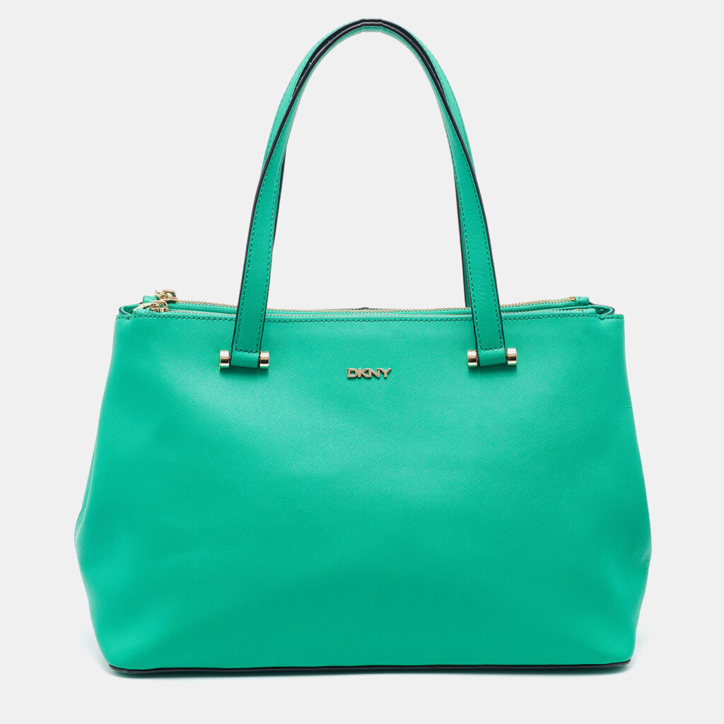 luxury-women-dkny-used-handbags-p754620-002 DKNY Green Saffiano Leather Double Zip Tote