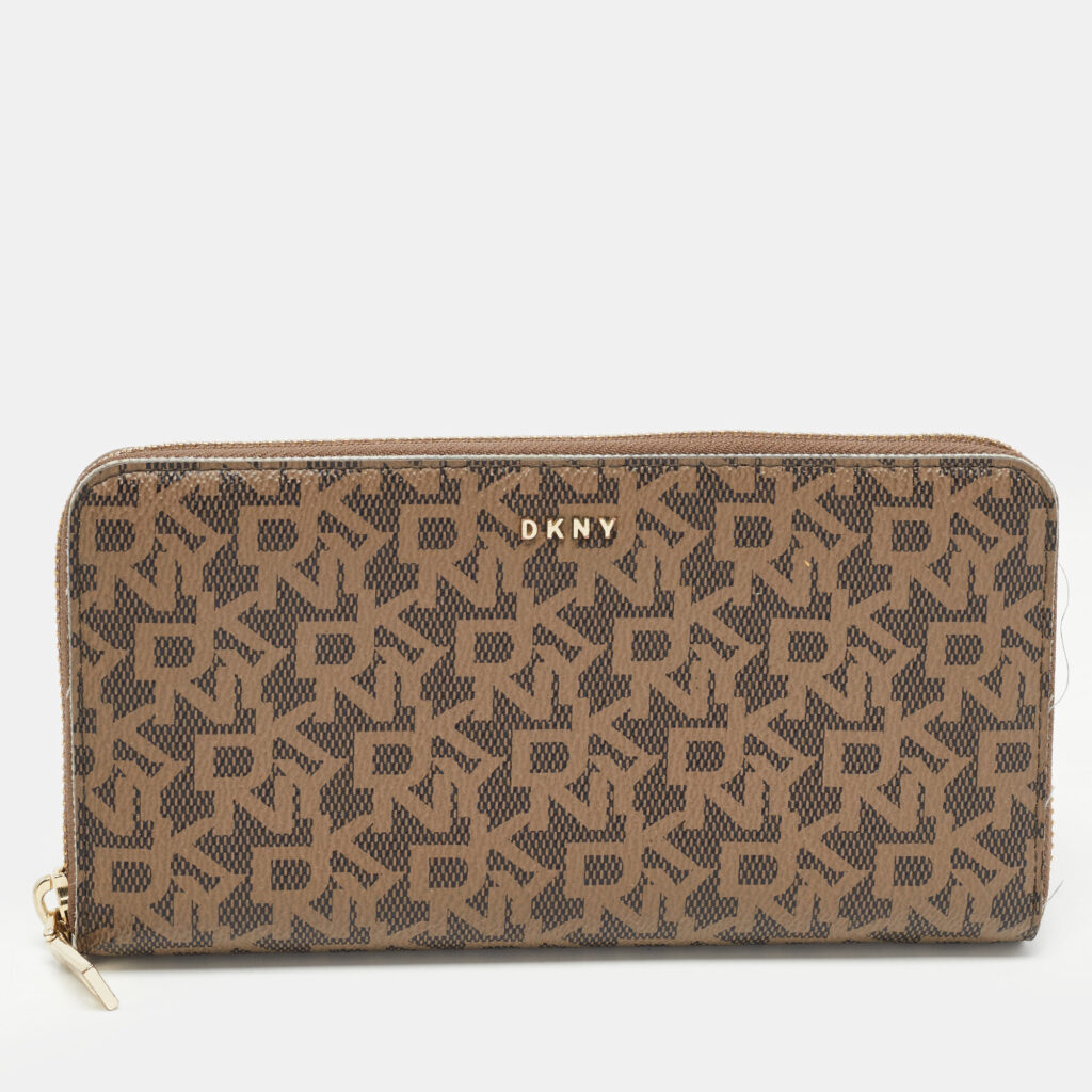 luxury-women-dkny-used-handbags-p777983-001 DKNY Brown Signature Coated Canvas Zip Around Continental Wallet
