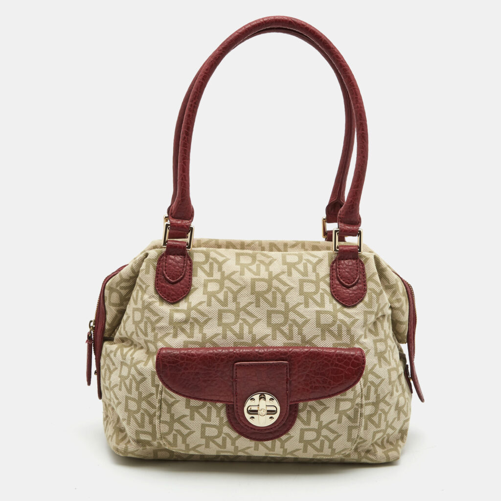 luxury-women-dkny-used-handbags-p788035-012 DKNY Red/Beige Monogram Canvas and Leather Turnlock Pocket Satchel