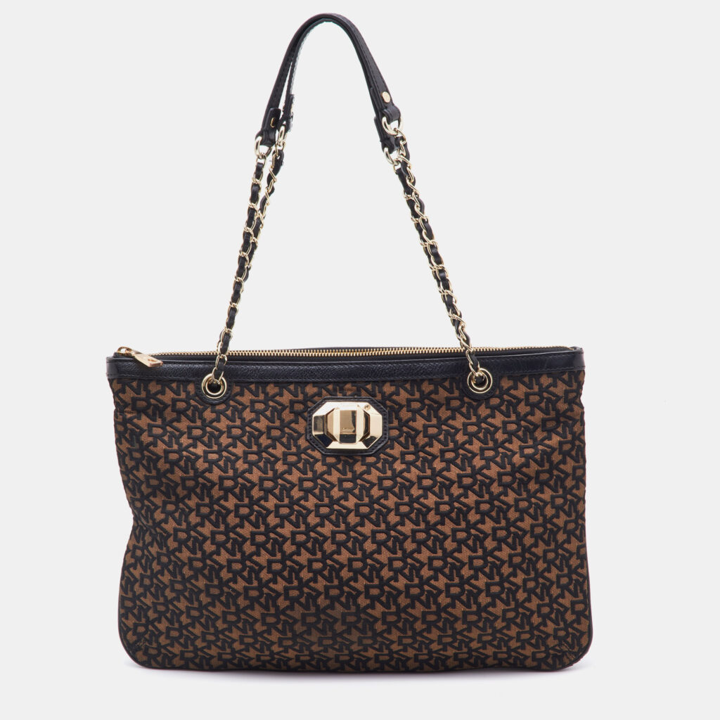 luxury-women-dkny-used-handbags-p799759-005 DKNY Brown/Black Signature Canvas and Leather Chain Shoulder Bag