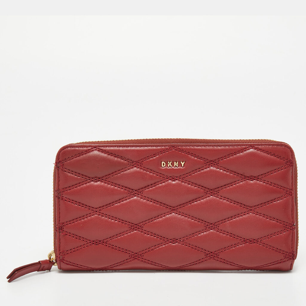 luxury-women-dkny-used-handbags-p826765-003 DKNY Red Quilted Leather Zip Around Compact Wallet