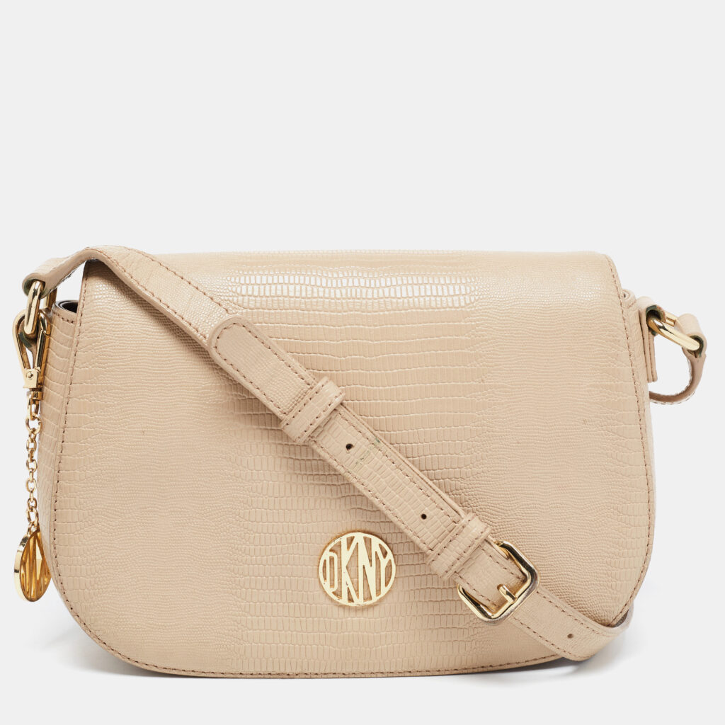 luxury-women-dkny-used-handbags-p828408-002 DKNY Beige Lizard Embossed Leather Logo Shoulder Bag