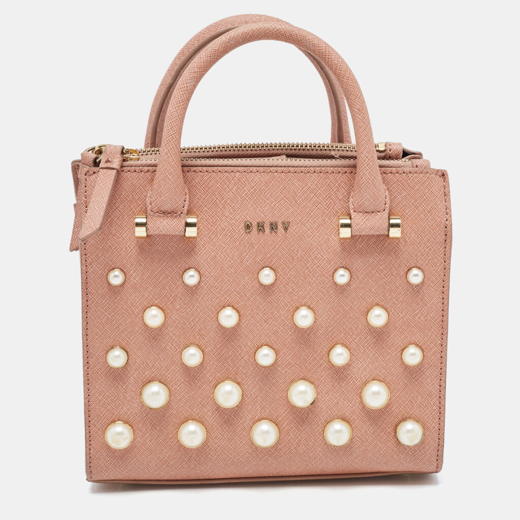luxury-women-dkny-used-handbags-p832022-013 DKNY Pink Textured Leather Pearl Embellished Double Zip Tote