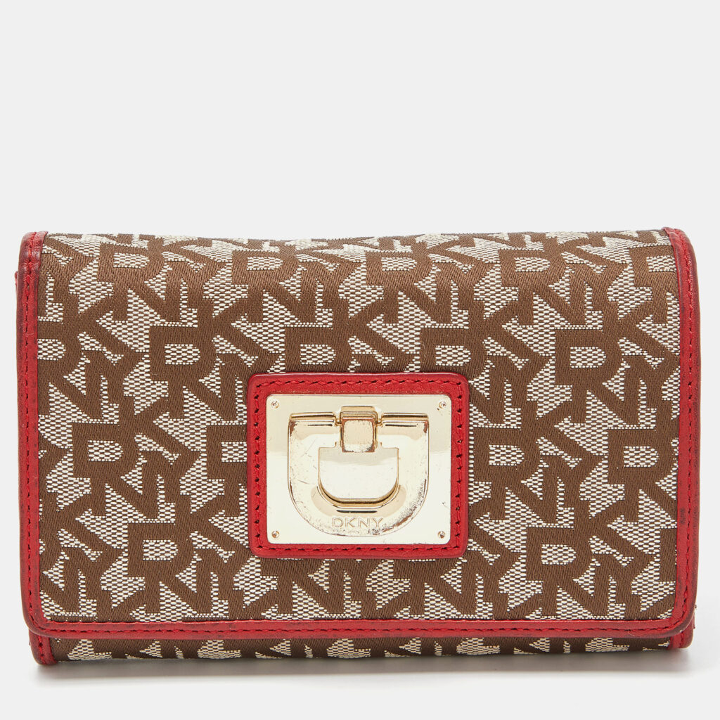 luxury-women-dkny-used-handbags-p847537-009 DKNY Beige/Red Signature Canvas and Leather French Wallet