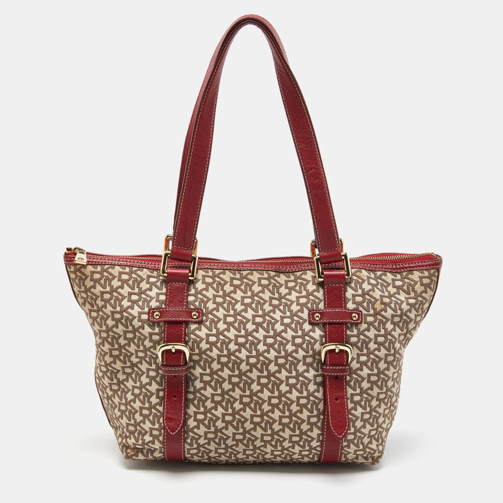 luxury-women-dkny-used-handbags-p847858-012 DKNY Beige/Red Signature Canvas and Leather Zip Tote