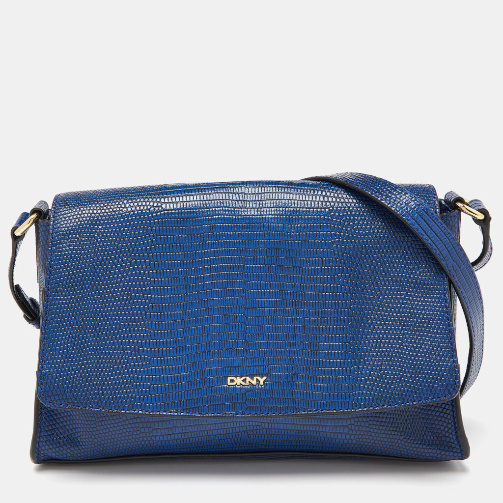 luxury-women-dkny-used-handbags-p859150-008 DKNY Blue Croc Embossed Leather Bryant Flap Crossbody Bag