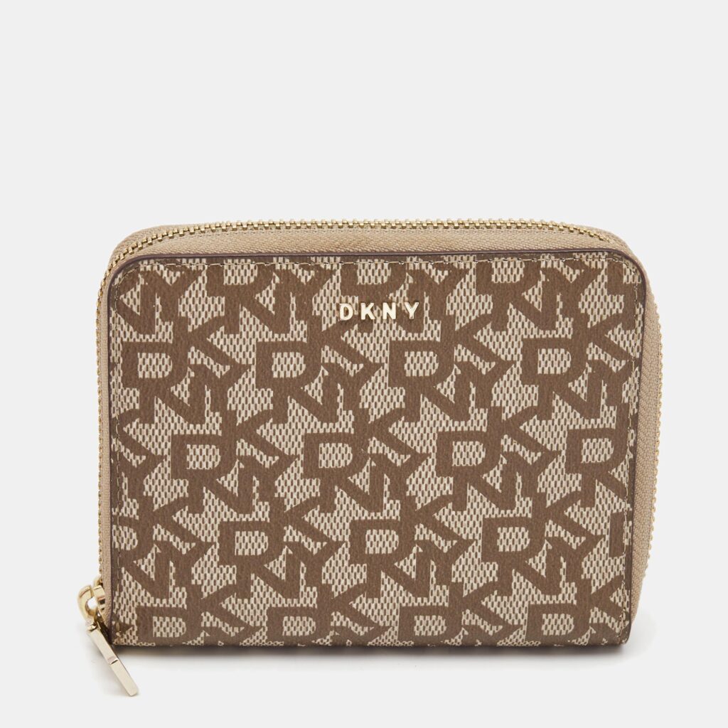 luxury-women-dkny-used-handbags-p859404-001 DKNY Beige/Brown Signature Coated Canvas Zip Around Continental Wallet