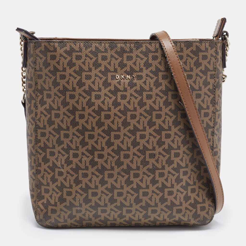 luxury-women-dkny-used-handbags-p867275-014 DKNY Brown Signature Coated Canvas and Leather Zip Messenger Bag