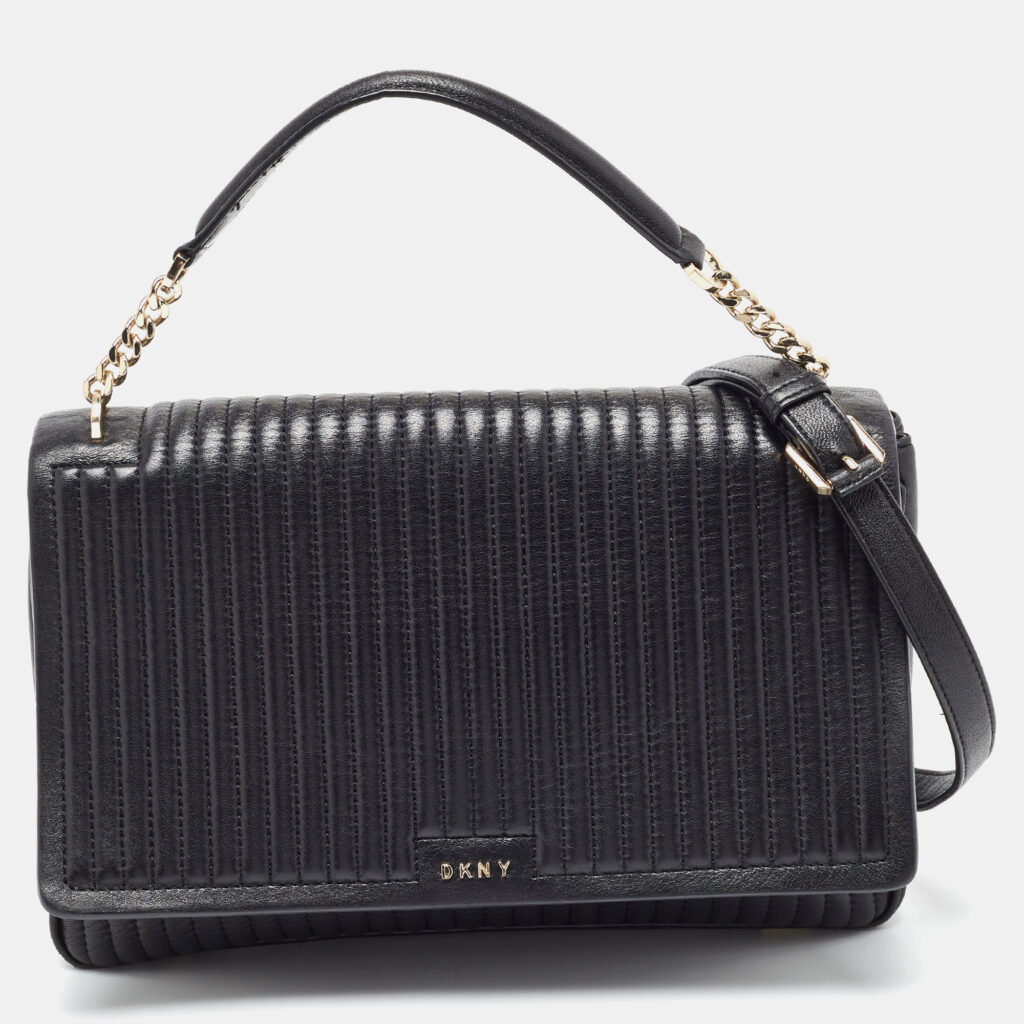 luxury-women-dkny-used-handbags-p874254-012 DKNY Black Pinstripe Quilted Leather Gansevoort Flap Top Handle Bag