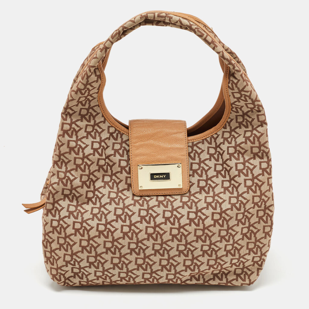 luxury-women-dkny-used-handbags-p882506-015 DKNY Beige Signature Fabric and Leather Town and Country Hobo