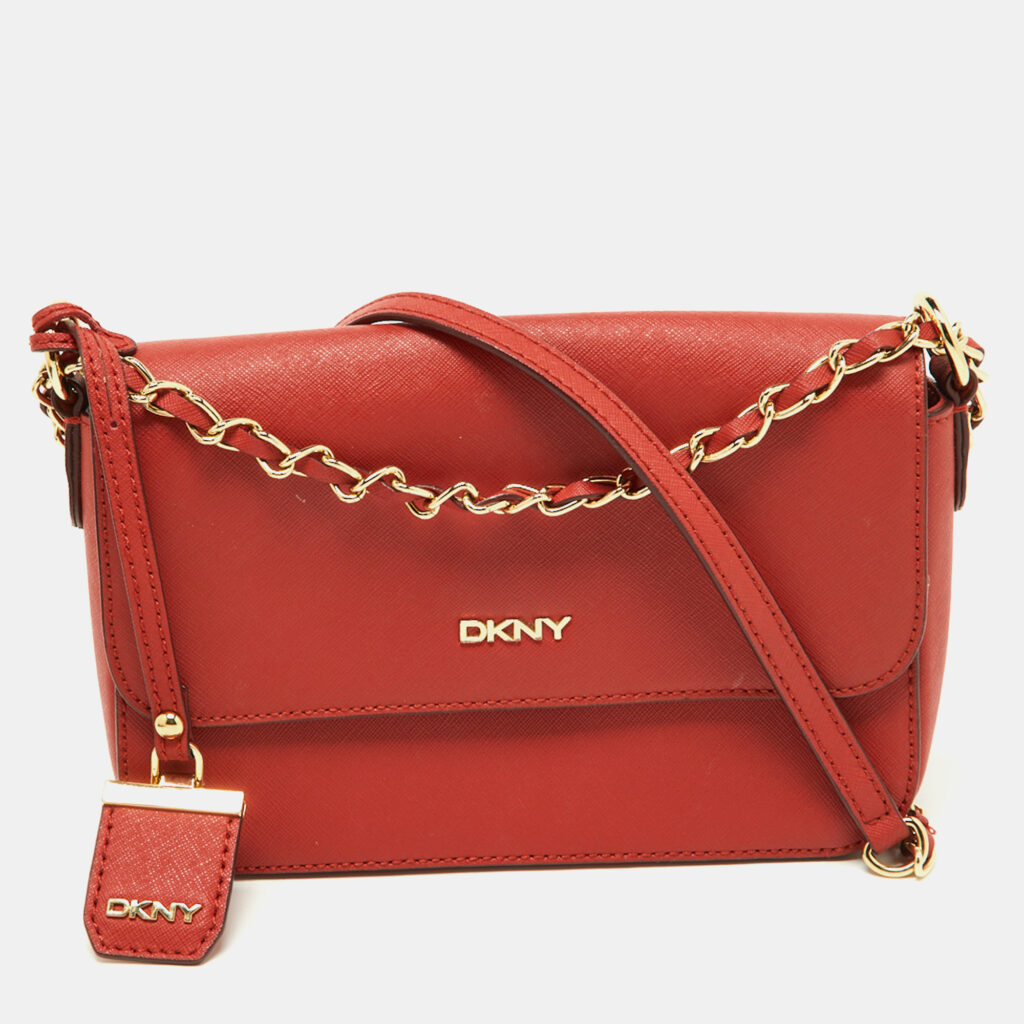 luxury-women-dkny-used-handbags-p887384-008 DKNY Brick Red Saffiano Leather Bryant Flap Shoulder Bag