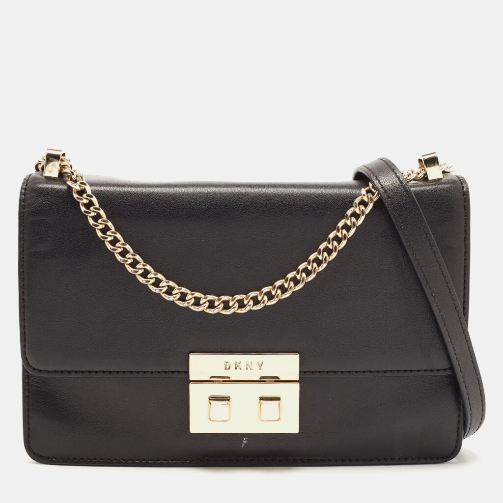 luxury-women-dkny-used-handbags-p900260-019 DKNY Black Leather Pushlock Flap Chain Crossbody Bag