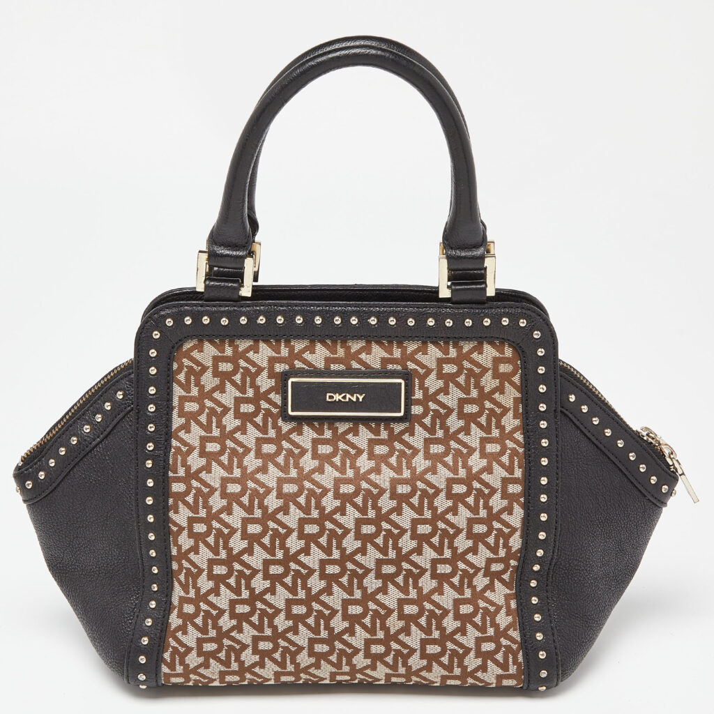 luxury-women-dkny-used-handbags-p903441-008 DKNY Beige/Black Signature Canvas and Leather Studded Satchel